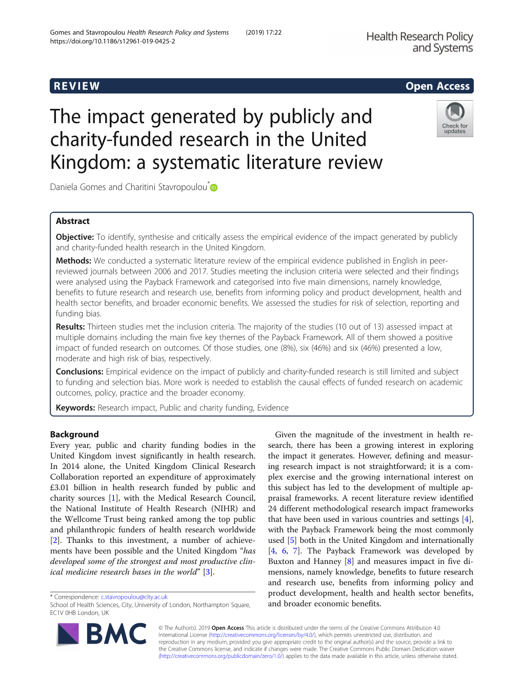 The Impact Generated by Publicly and Charity-Funded Research in the United Kingdom: a Systematic Literature Review Daniela Gomes and Charitini Stavropoulou*