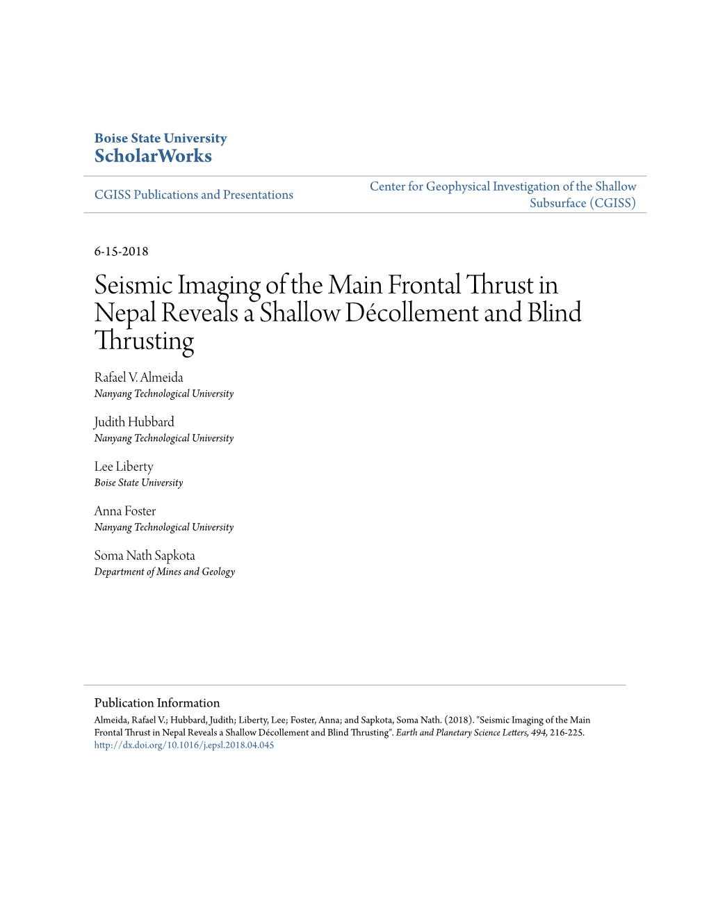 Seismic Imaging of the Main Frontal Thrust in Nepal Reveals a Shallow Décollement and Blind Thrusting Rafael V