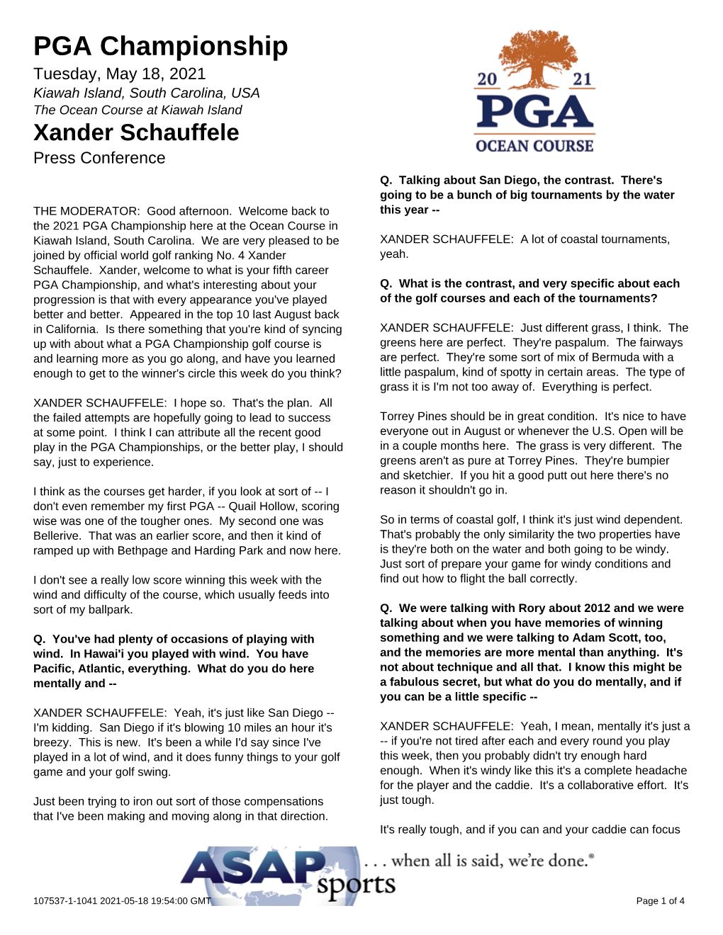 PGA Championship Tuesday, May 18, 2021 Kiawah Island, South Carolina, USA the Ocean Course at Kiawah Island Xander Schauffele Press Conference Q