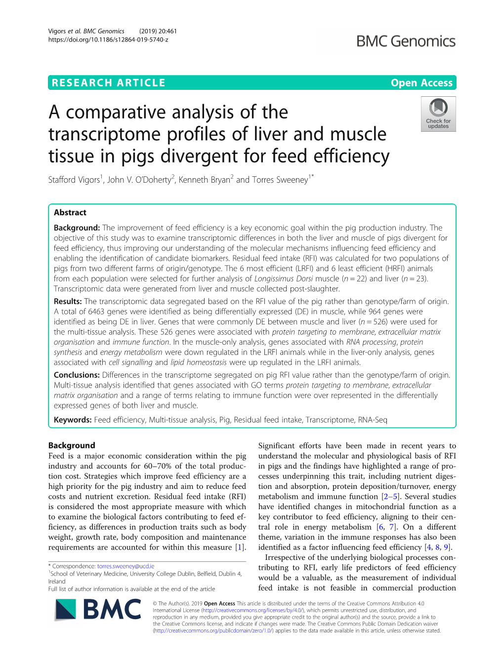 A Comparative Analysis of the Transcriptome Profiles of Liver and Muscle Tissue in Pigs Divergent for Feed Efficiency Stafford Vigors1, John V