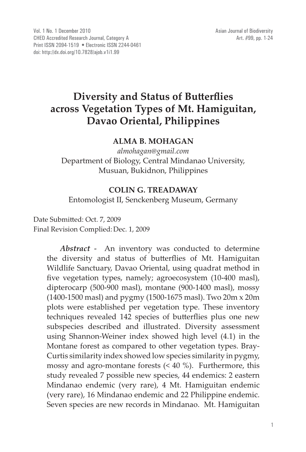 Diversity and Status of Butterflies Across Vegetation Types of Mt