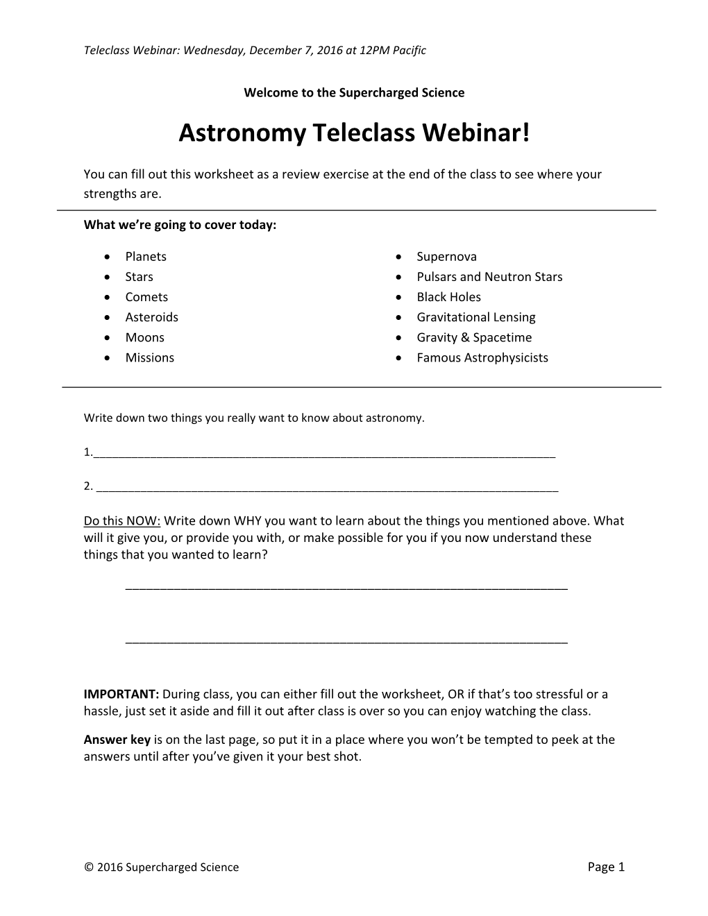 Astronomy Teleclass Webinar!