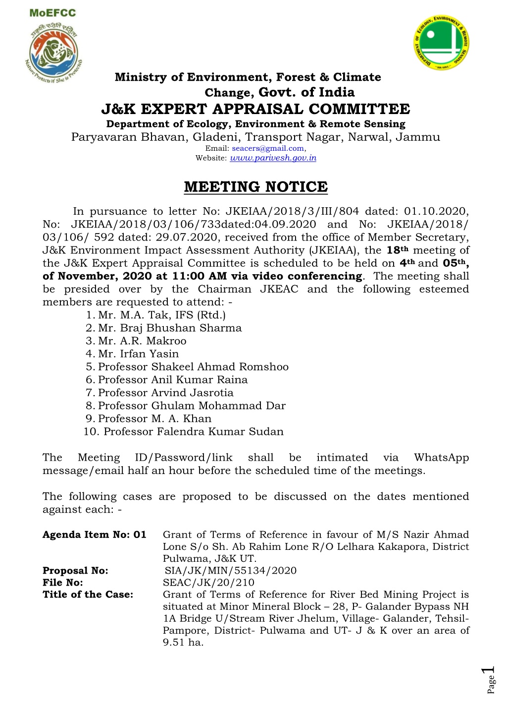 J&K Expert Appraisal Committee Meeting Notice