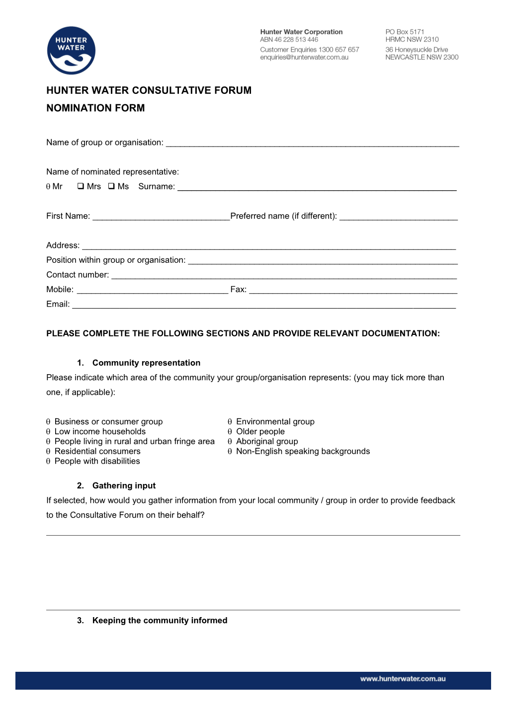 Hunter Water Consultative Forum Nomination Form