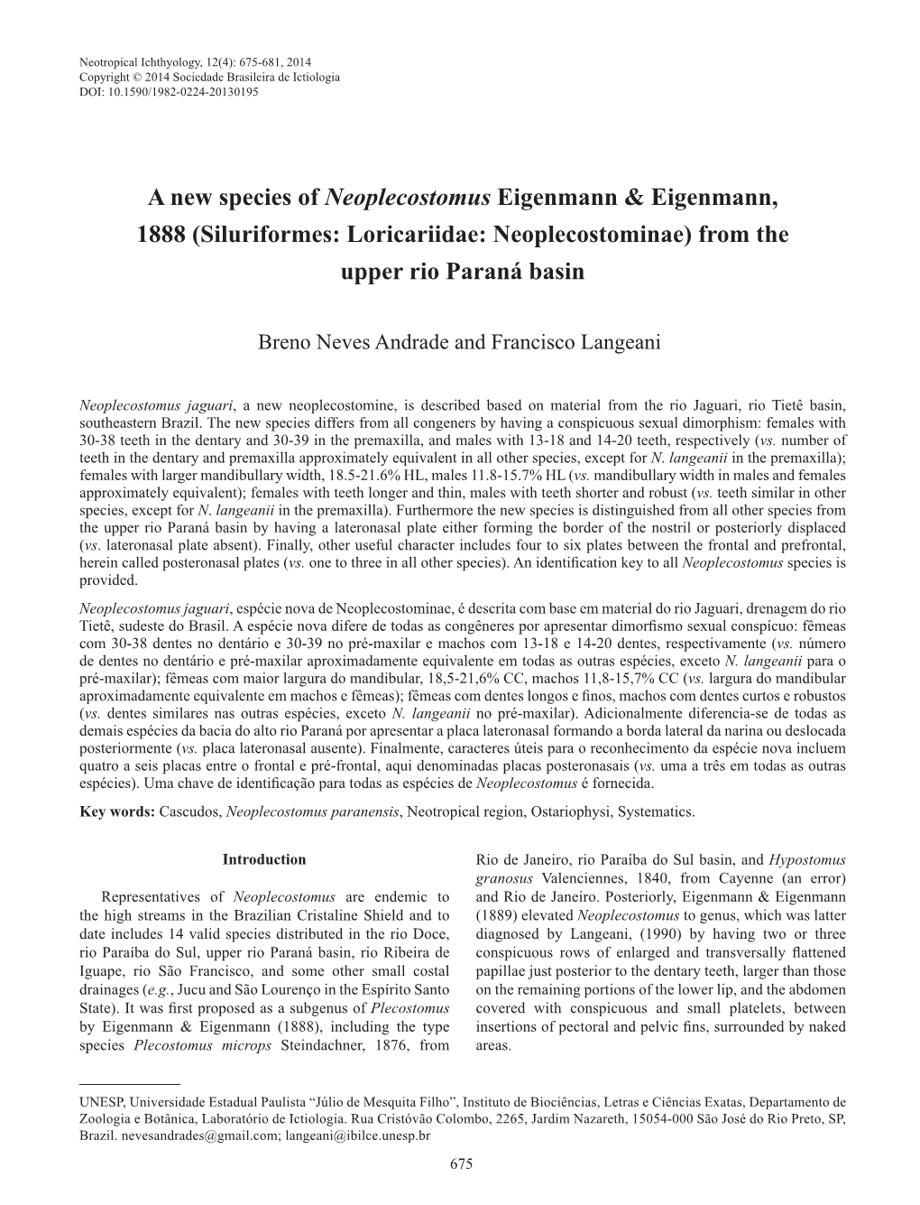 A New Species of Neoplecostomus Eigenmann & Eigenmann, 1888 (Siluriformes: Loricariidae: Neoplecostominae) from the Upper Ri