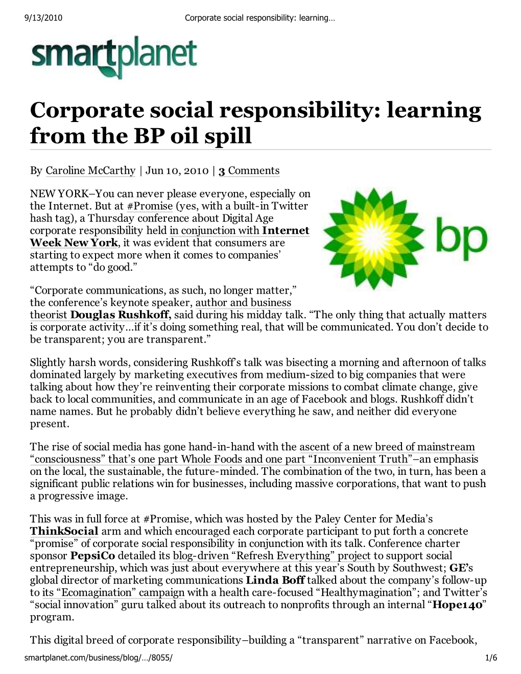 Corporate Social Responsibility: Learning from the BP Oil Spill