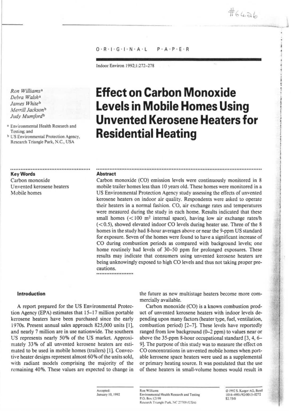 Effect on Carbon Monoxide Levels in Mobile Homes Using Un Vented