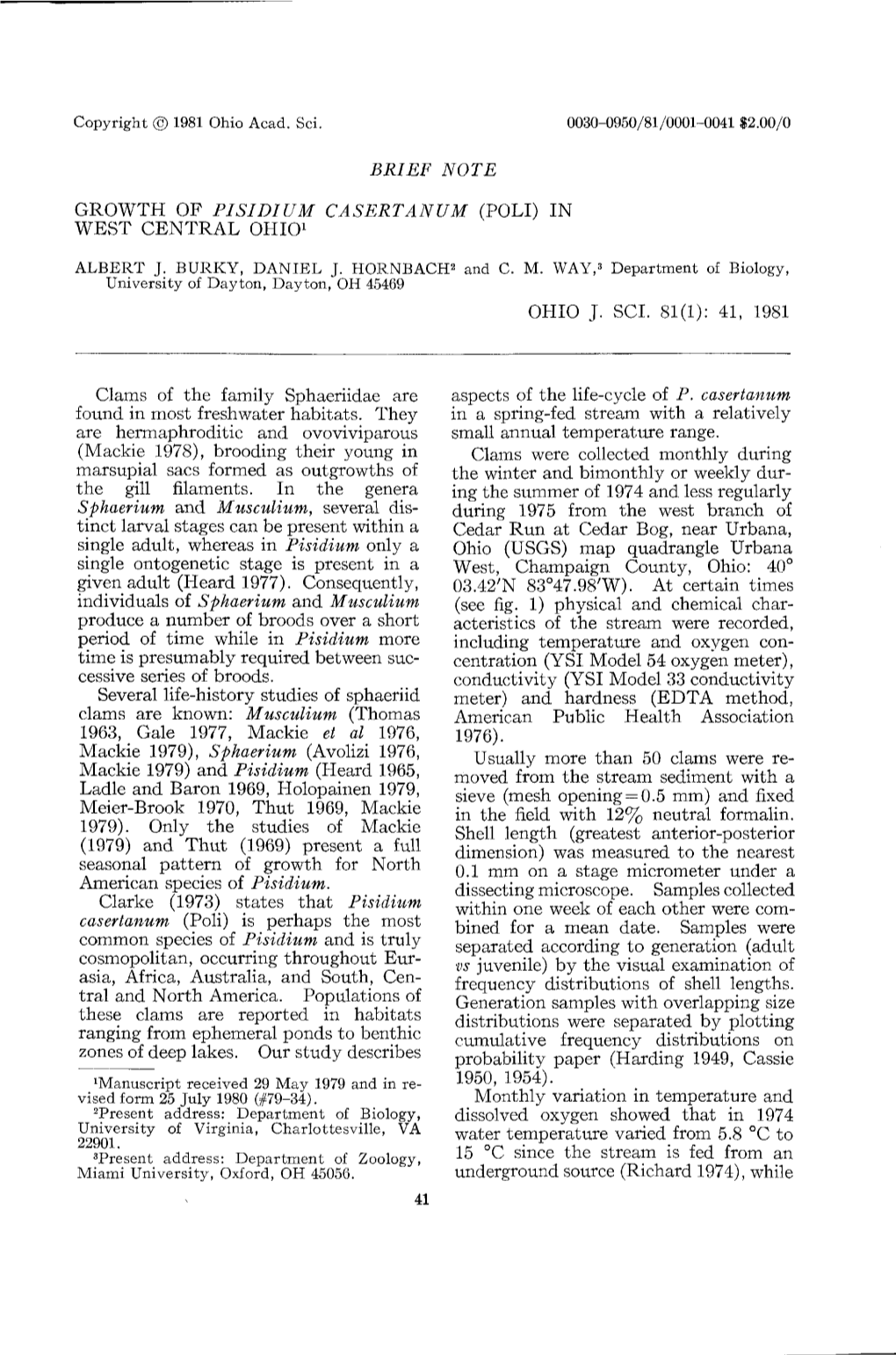 Brief Note: Growth of Pisidium Casertanum (Poli) in West Central Ohio