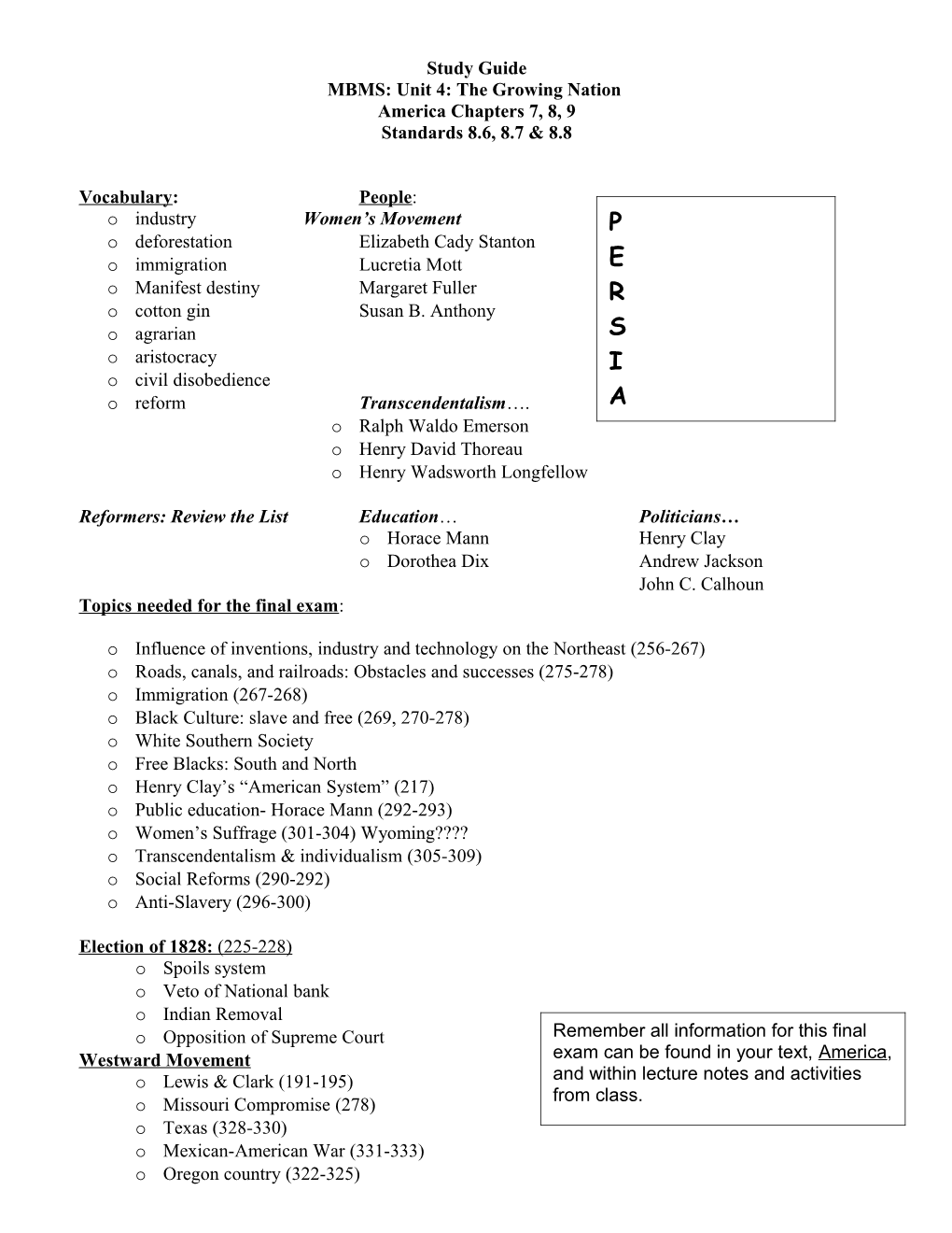 MBMS: Unit 4: the Growing Nation Study Guide