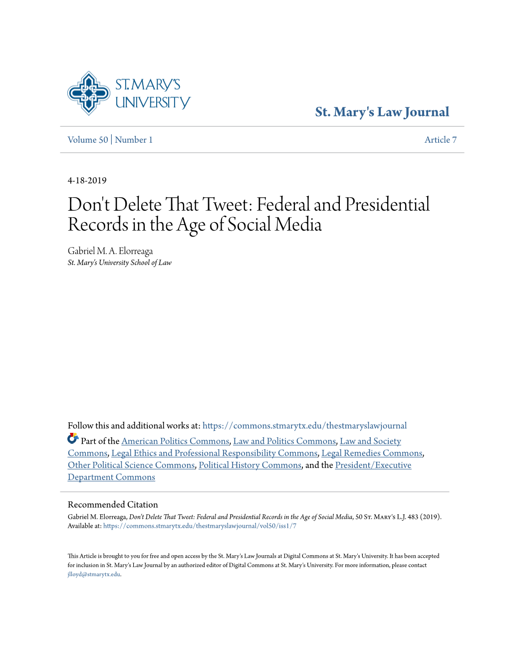 Don't Delete That Tweet: Federal and Presidential Records in the Age of Social Media Gabriel M