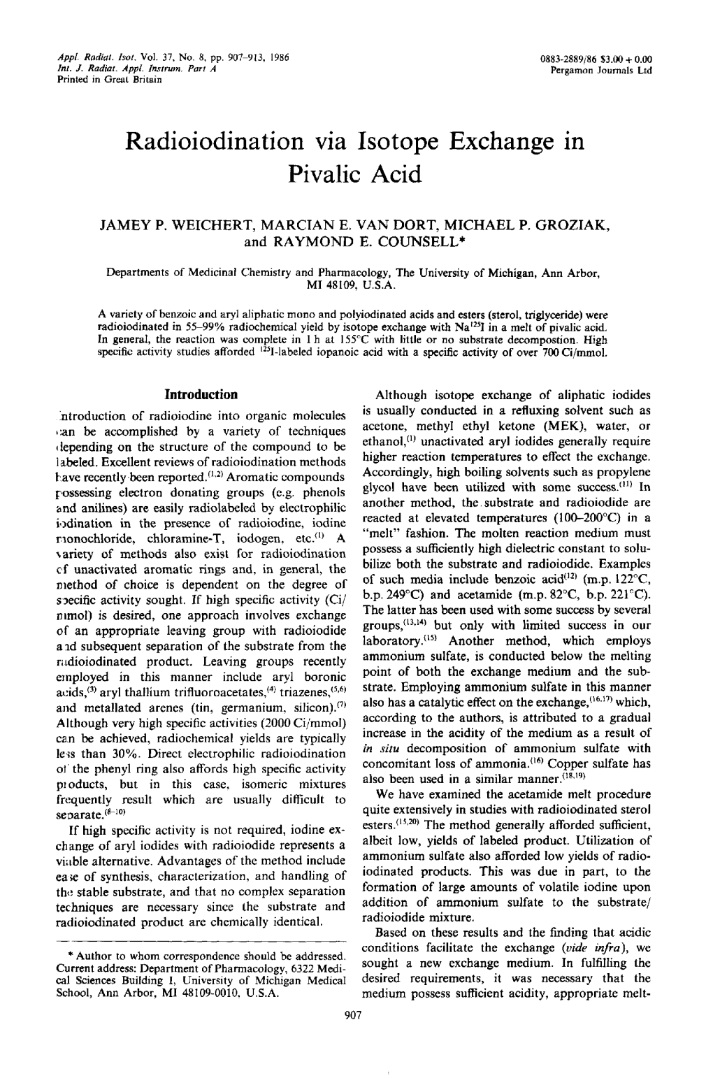 Radioiodination Via Isotope Exchange in Pivalic Acid