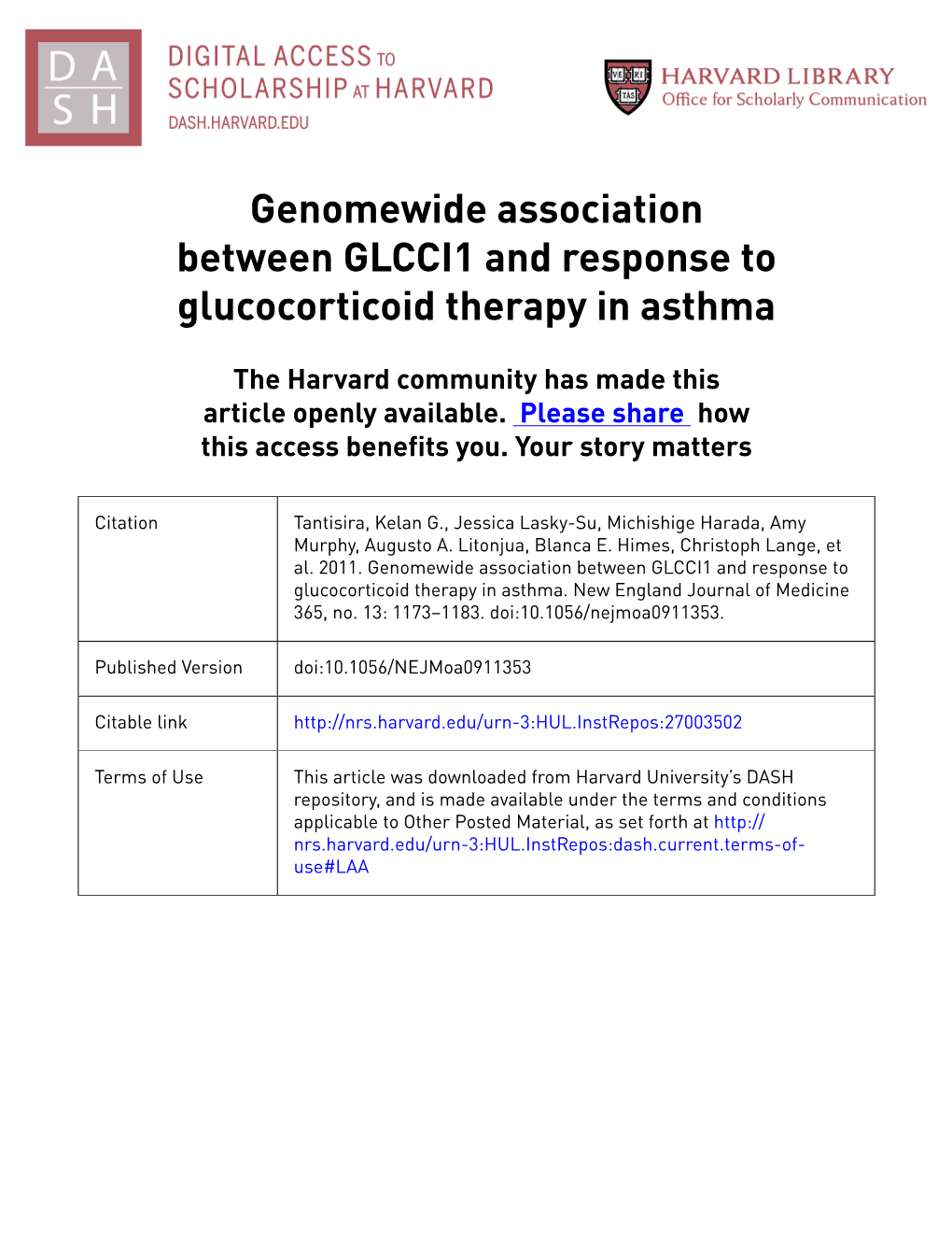 Genomewide Association Between GLCCI1 and Response to Glucocorticoid Therapy in Asthma