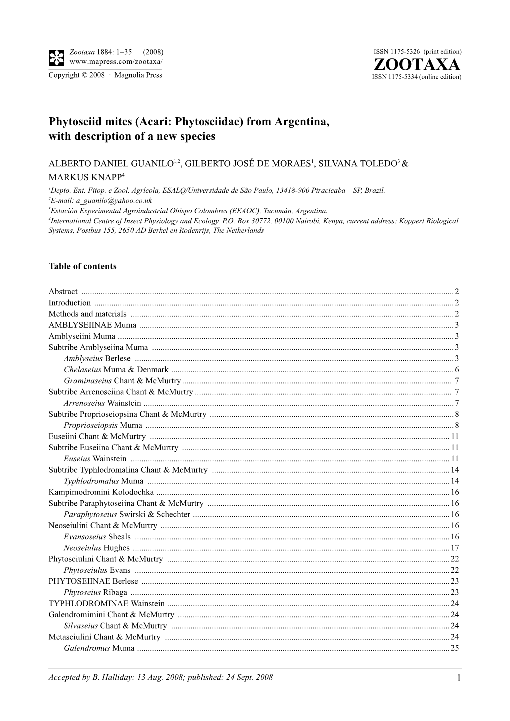 Zootaxa, Phytoseiid Mites (Acari: Phytoseiidae) from Argentina,