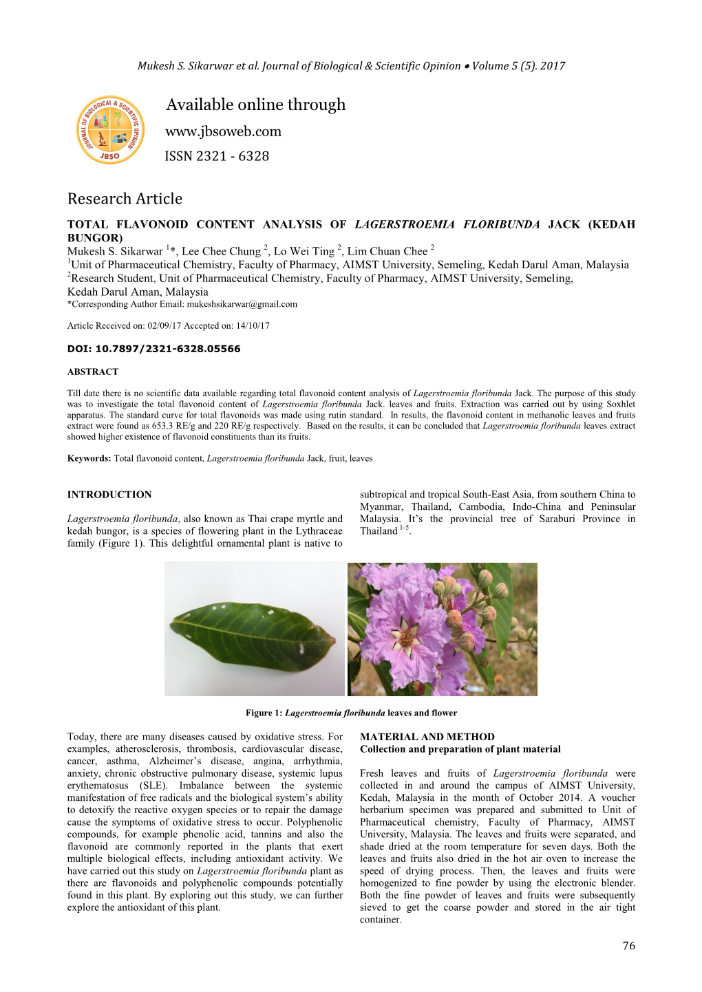 TOTAL FLAVONOID CONTENT ANALYSIS of LAGERSTROEMIA FLORIBUNDA JACK (KEDAH BUNGOR) Mukesh S