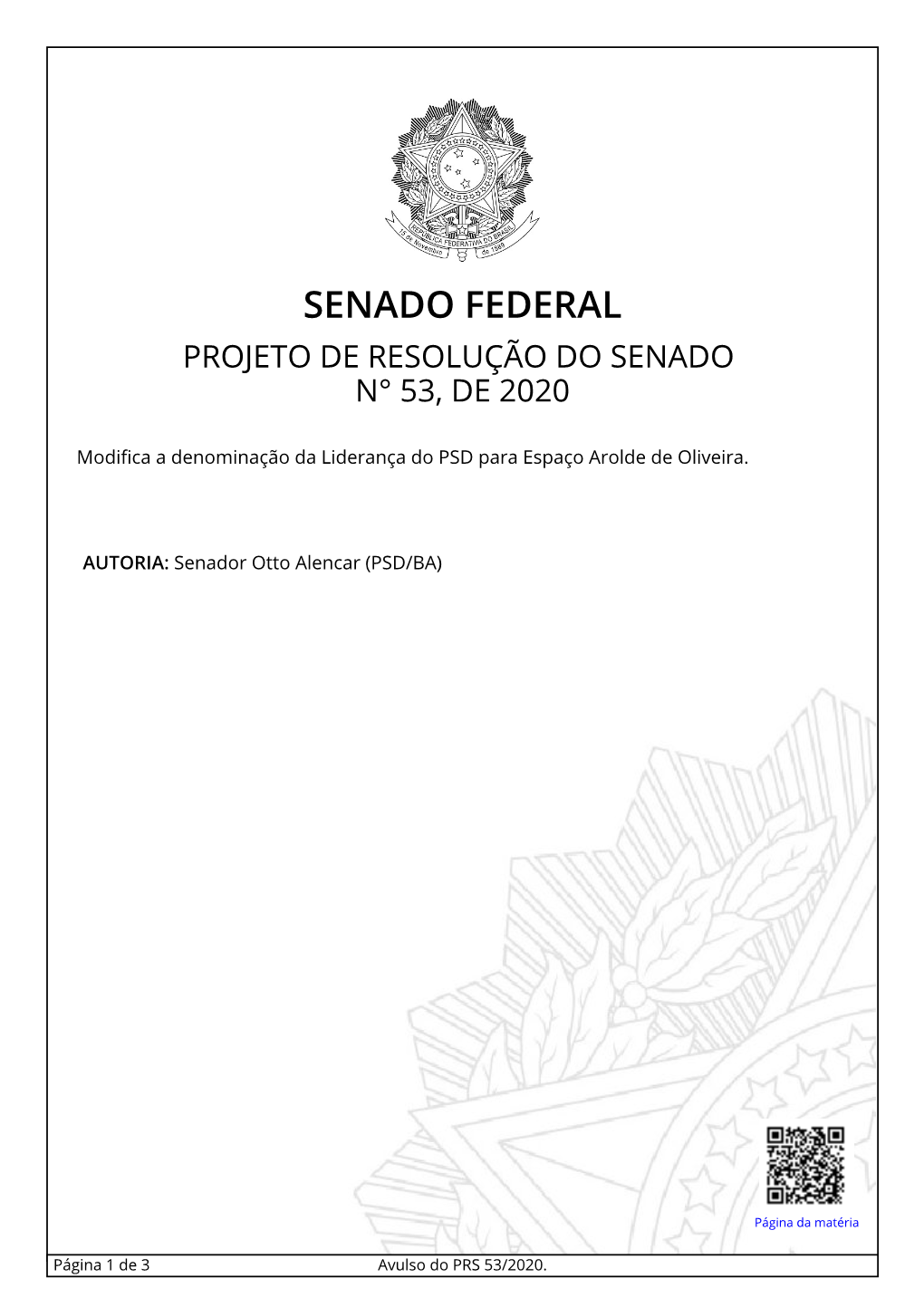 Senado Federal Projeto De Resolução Do Senado N° 53, De 2020