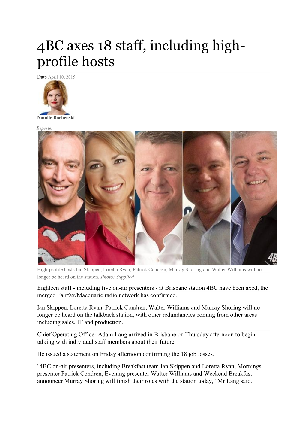 4BC Axes 18 Staff, Including High- Profile Hosts