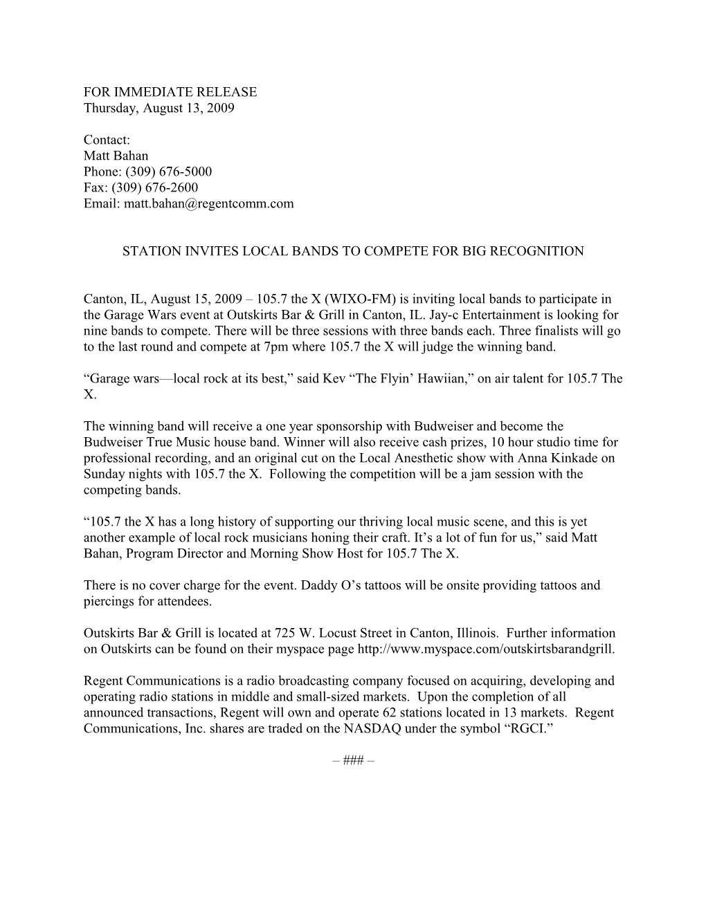 For Immediate Release s105