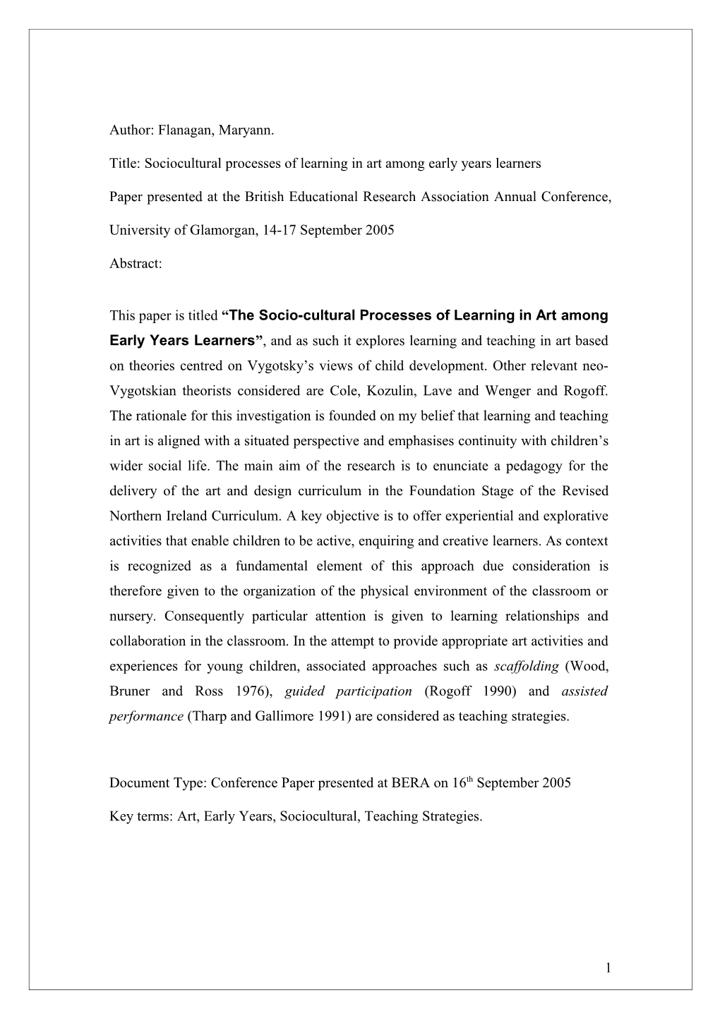 Title: Sociocultural Processes of Learning in Art Among Early Years Learners