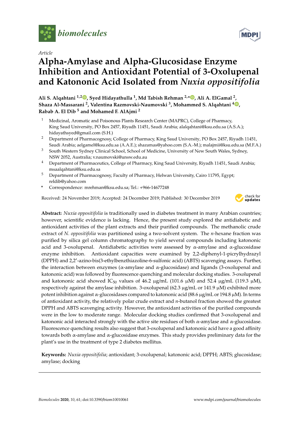 Alpha-Amylase and Alpha-Glucosidase Enzyme Inhibition and Antioxidant Potential of 3-Oxolupenal and Katononic Acid Isolated from Nuxia Oppositifolia
