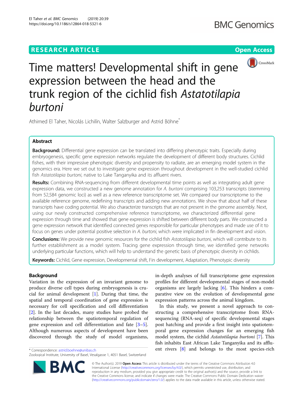 Time Matters! Developmental Shift in Gene Expression Between the Head and the Trunk Region of the Cichlid Fish Astatotilapia Burtoni