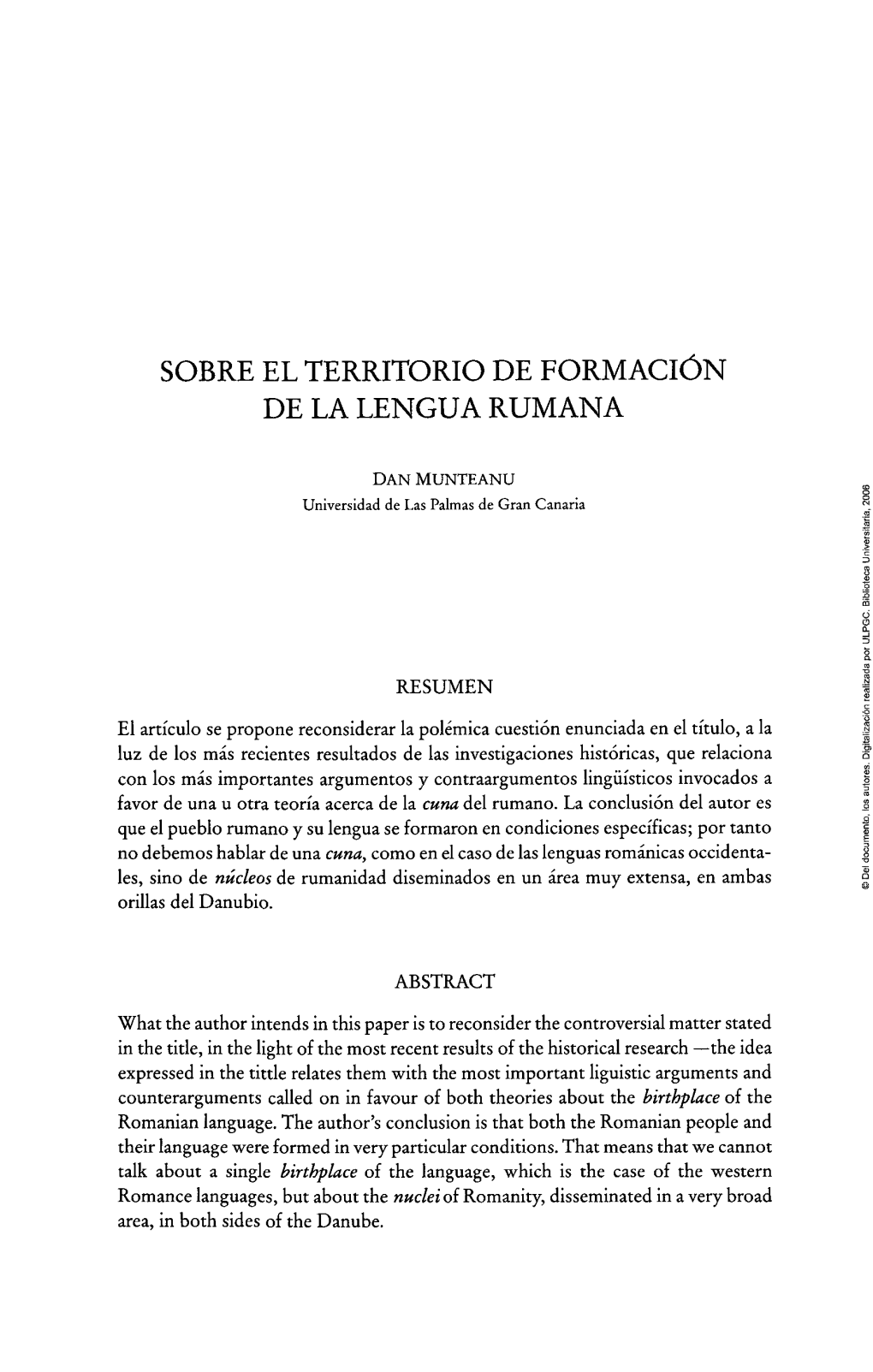 Sobre El Territorio De Formación De La Lengua Rumana