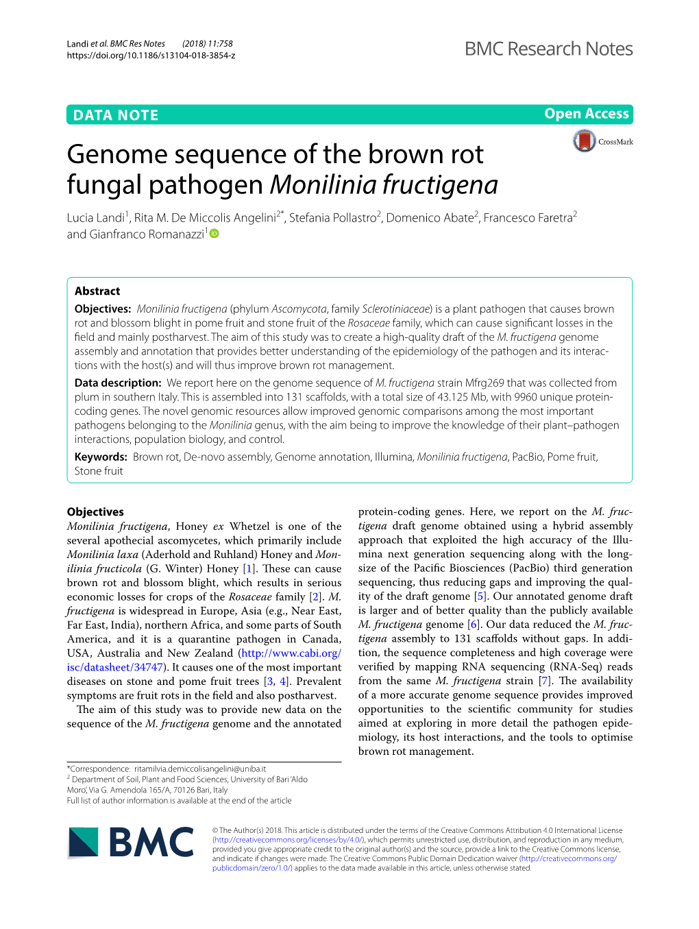 Genome Sequence of the Brown Rot Fungal Pathogen Monilinia Fructigena Lucia Landi1, Rita M