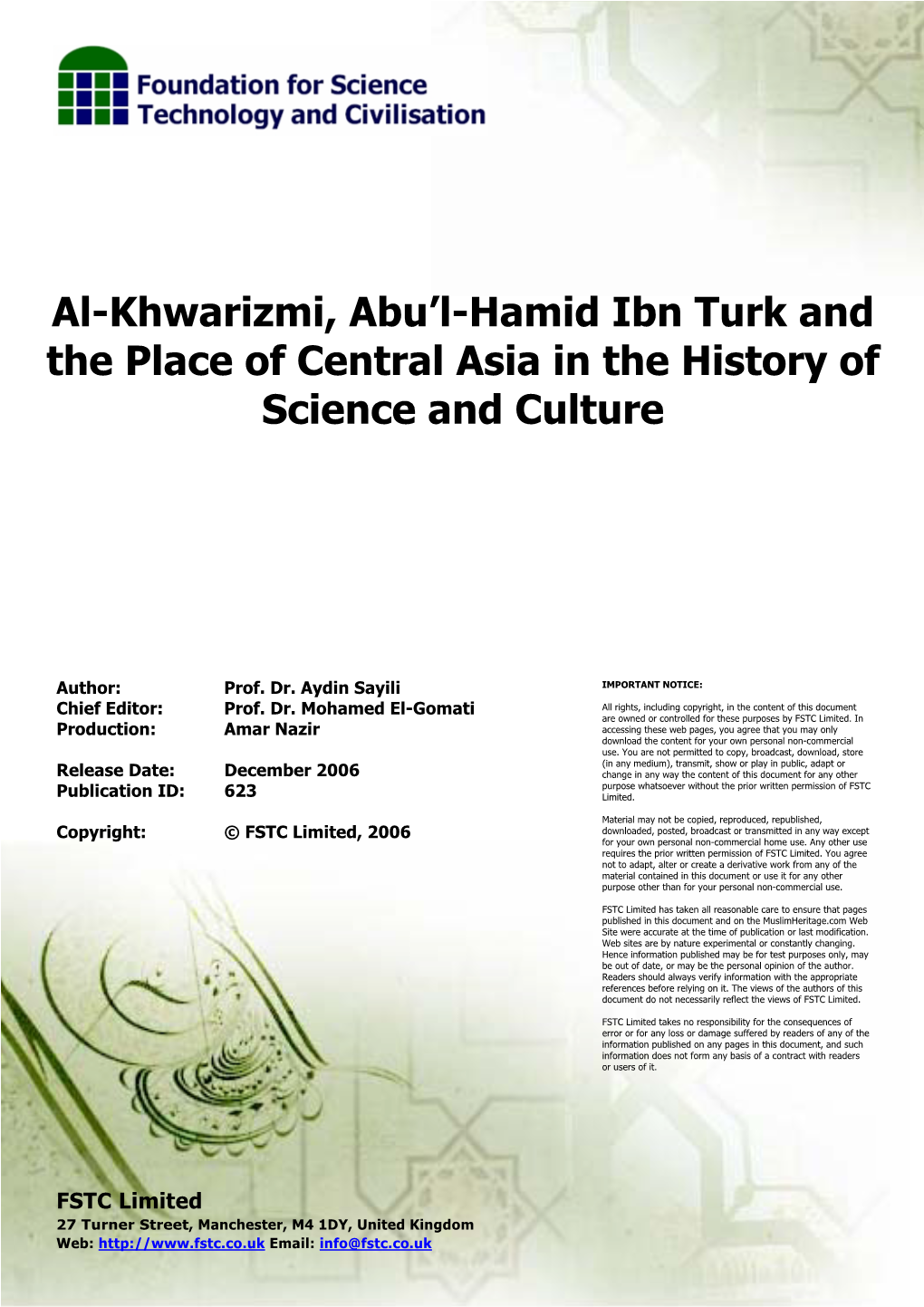 Al-Khwarizmi, Abu'l-Hamid Ibn Turk and the Place of Central Asia in The