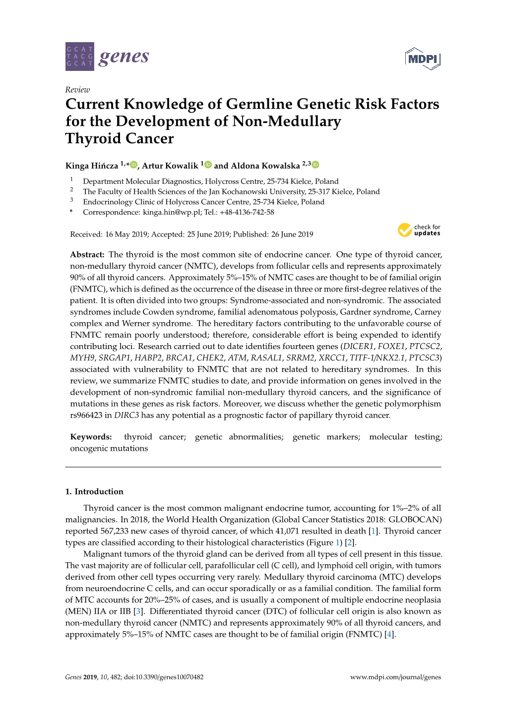 Current Knowledge of Germline Genetic Risk Factors for the Development of Non-Medullary Thyroid Cancer