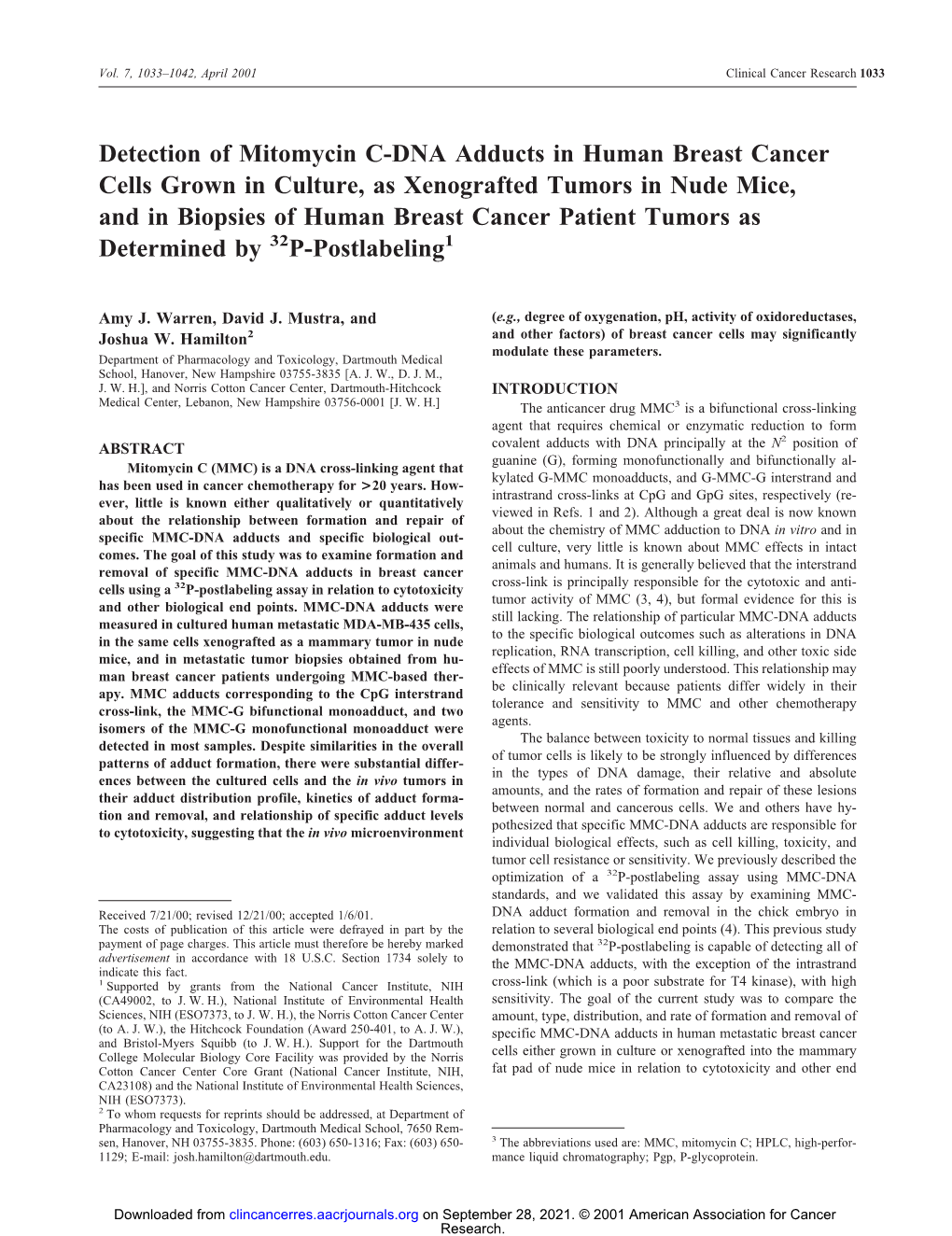 Detection of Mitomycin C-DNA Adducts in Human Breast Cancer