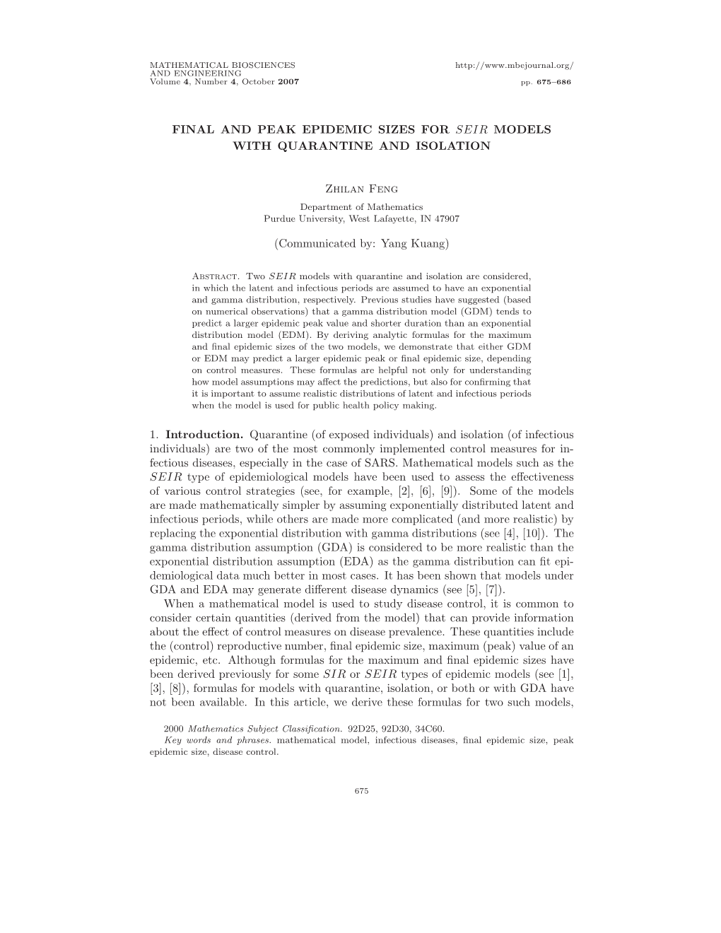 Final and Peak Epidemic Sizes for Seir Models with Quarantine and Isolation