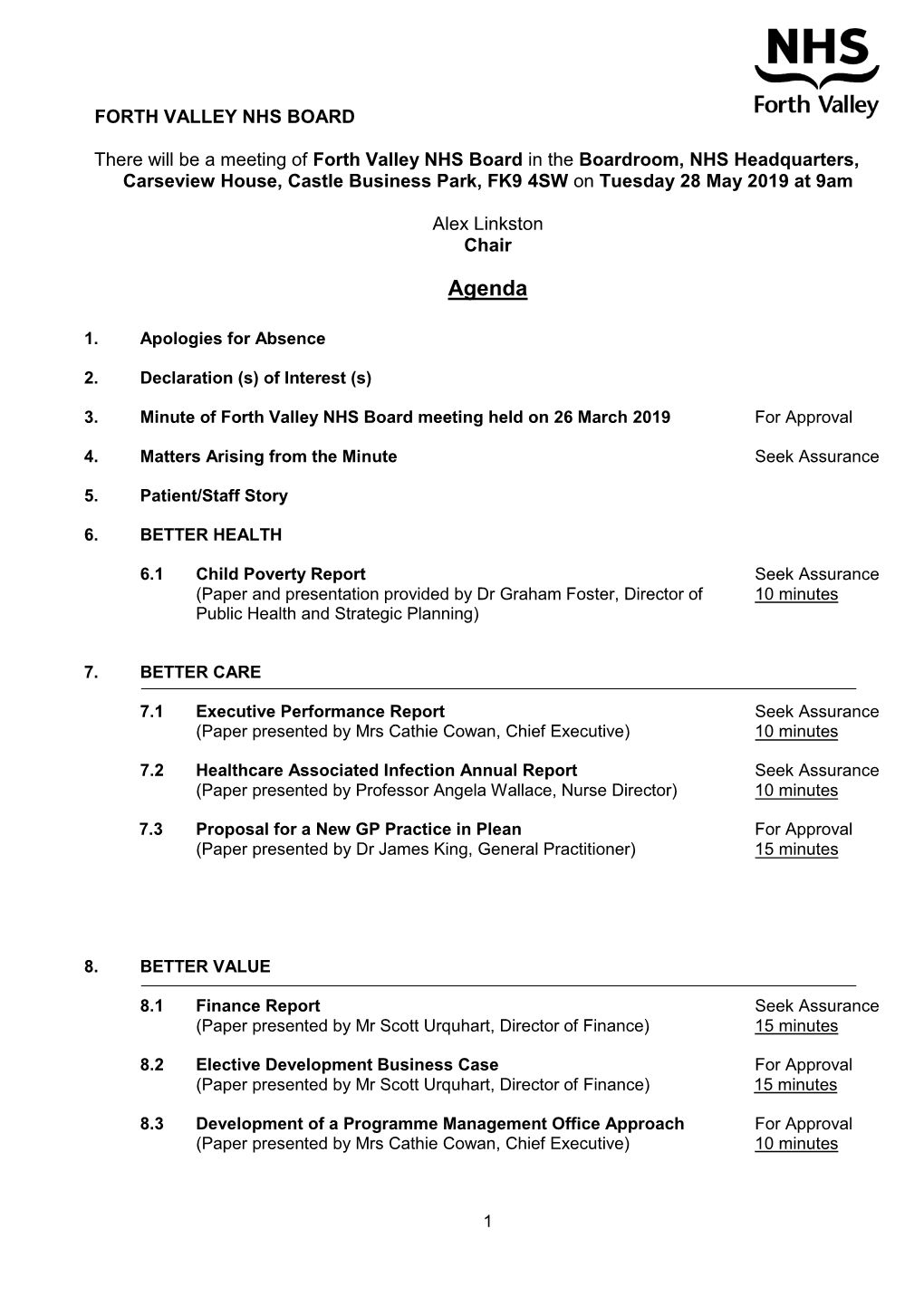 NHS Forth Valley Board Meeting Papers 28Th May 2019