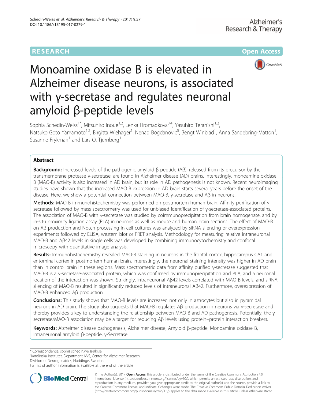 Monoamine Oxidase B Is Elevated in Alzheimer Disease Neurons, Is Associated with Γ-Secretase and Regulates Neuronal Amyloid Β