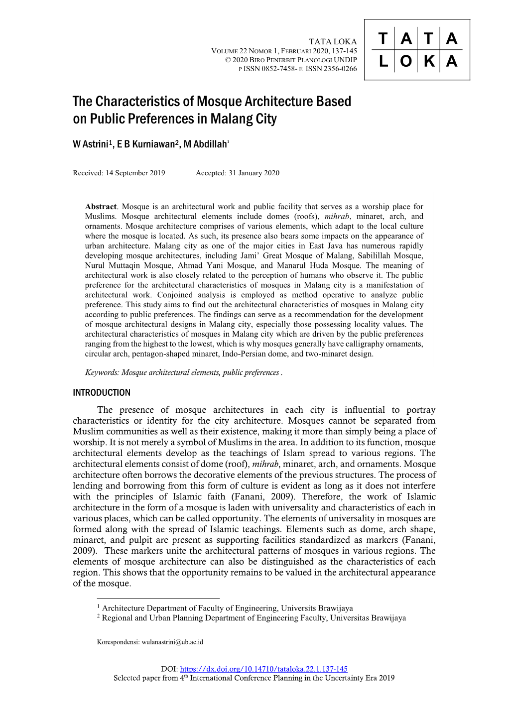 Tataloka.22.1.137-145 Selected Paper from 4Th International Conference Planning in the Uncertainty Era 2019 138 Astrini, Kurniawan, Abdillah