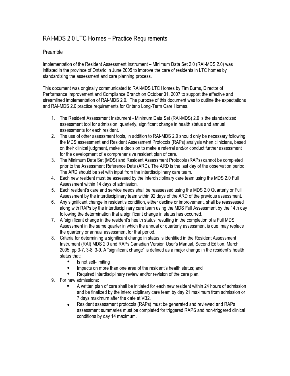 RAI-MDS 2.0 LTC Homes – Practice Requirements