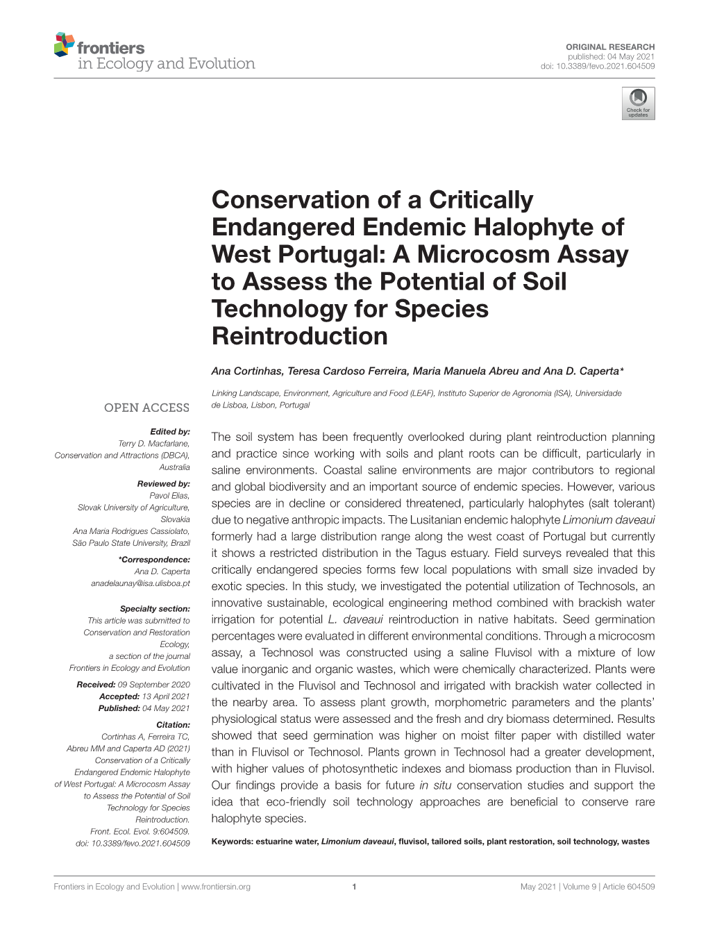 Conservation of a Critically Endangered Endemic Halophyte of West Portugal: a Microcosm Assay to Assess the Potential of Soil Technology for Species Reintroduction