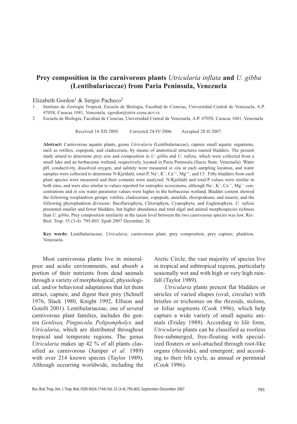 Prey Composition in the Carnivorous Plants Utricularia Inflata and U. Gibba (Lentibulariaceae) from Paria Peninsula, Venezuela