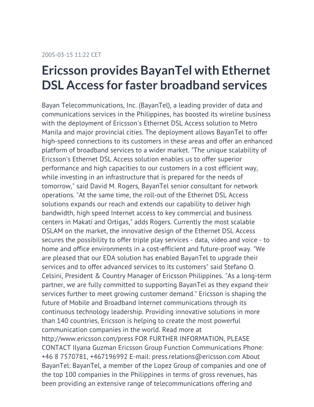 Ericsson Provides Bayantel with Ethernet DSL Access for Faster Broadband Services