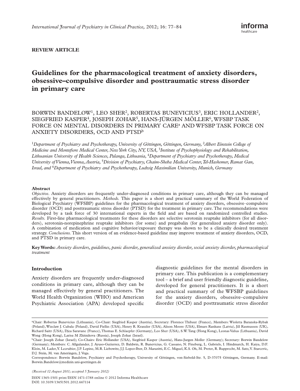 Guidelines for the Pharmacological Treatment of Anxiety Disorders, Obsessive– Compulsive Disorder and Posttraumatic Stress Disorder in Primary Care