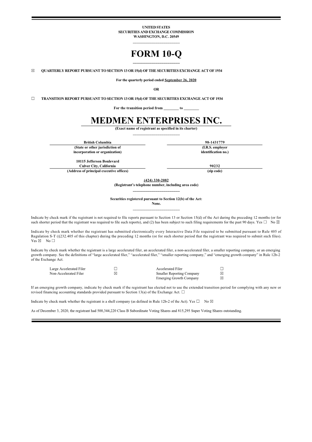 Medmen Enterprises, Inc. Quarterly Report on Form 10­Q for the Quarterly Period Ended September 26, 2020