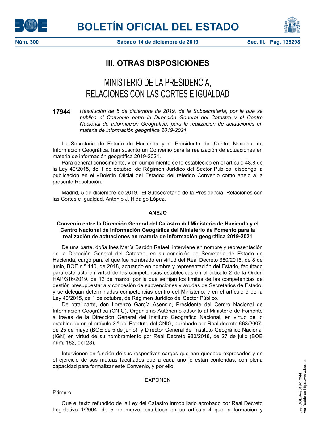 Disposición 17944 Del BOE Núm. 300 De 2019