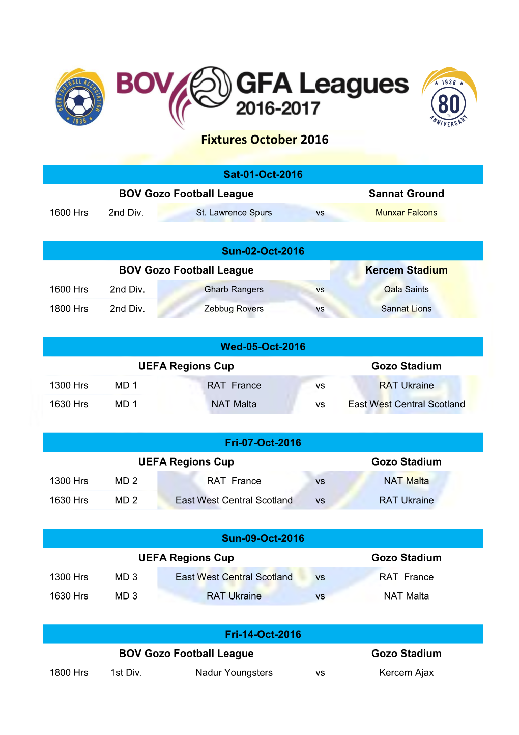Fixtures October 2016