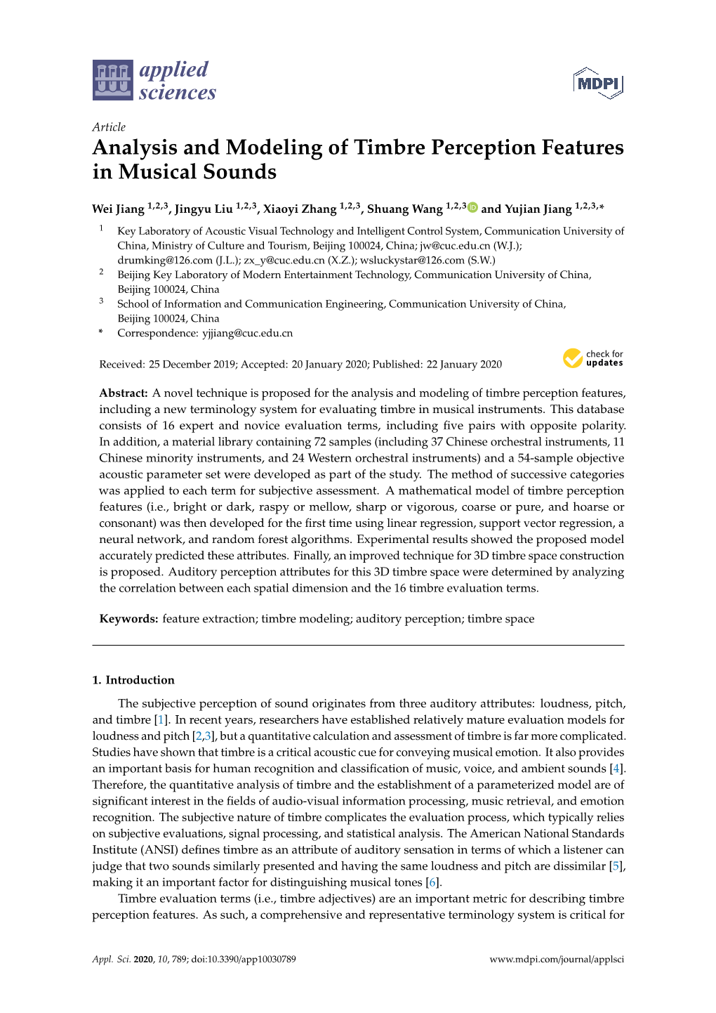 Analysis and Modeling of Timbre Perception Features in Musical Sounds