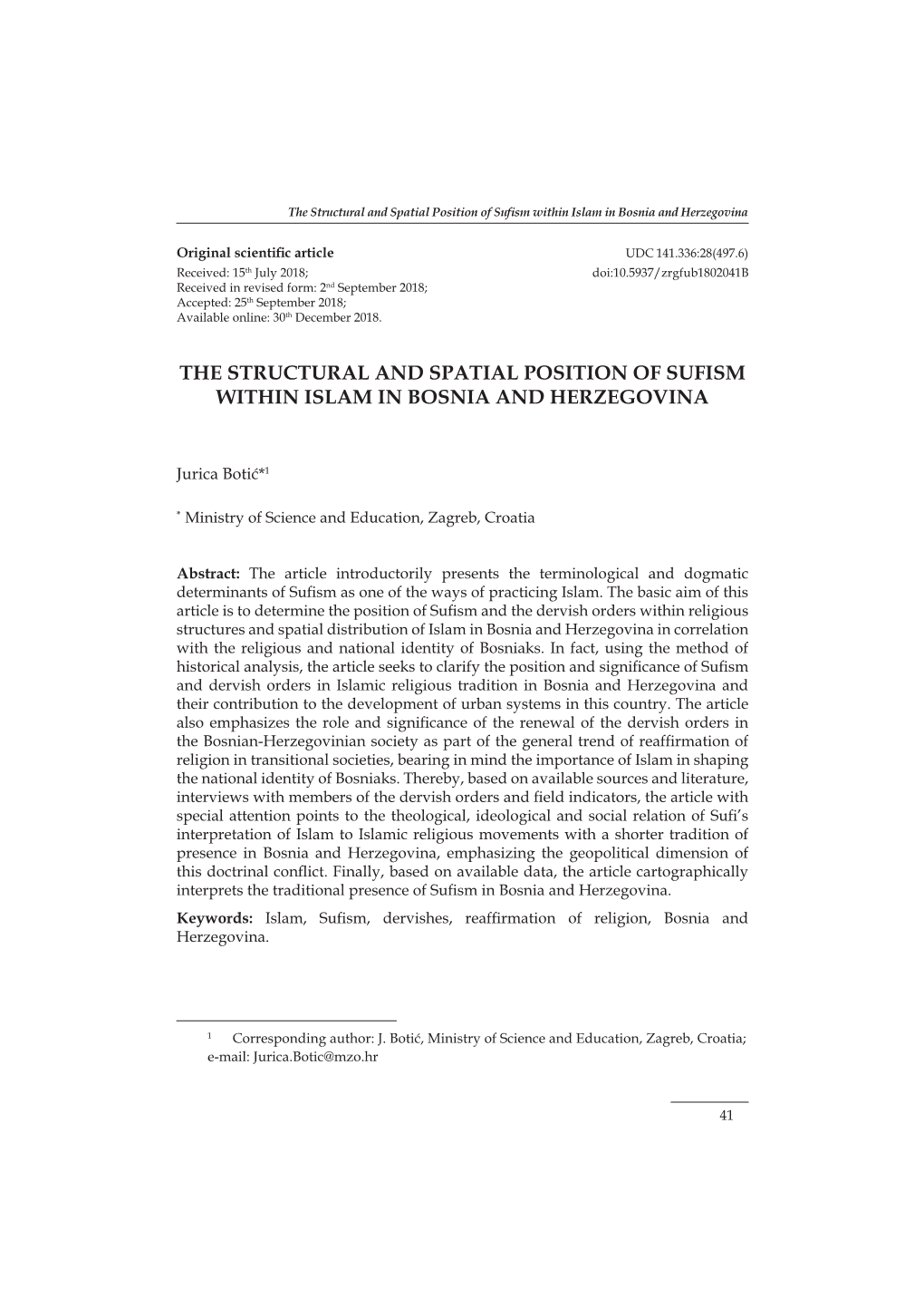 The Structural and Spatial Position of Sufism Within Islam in Bosnia and Herzegovina