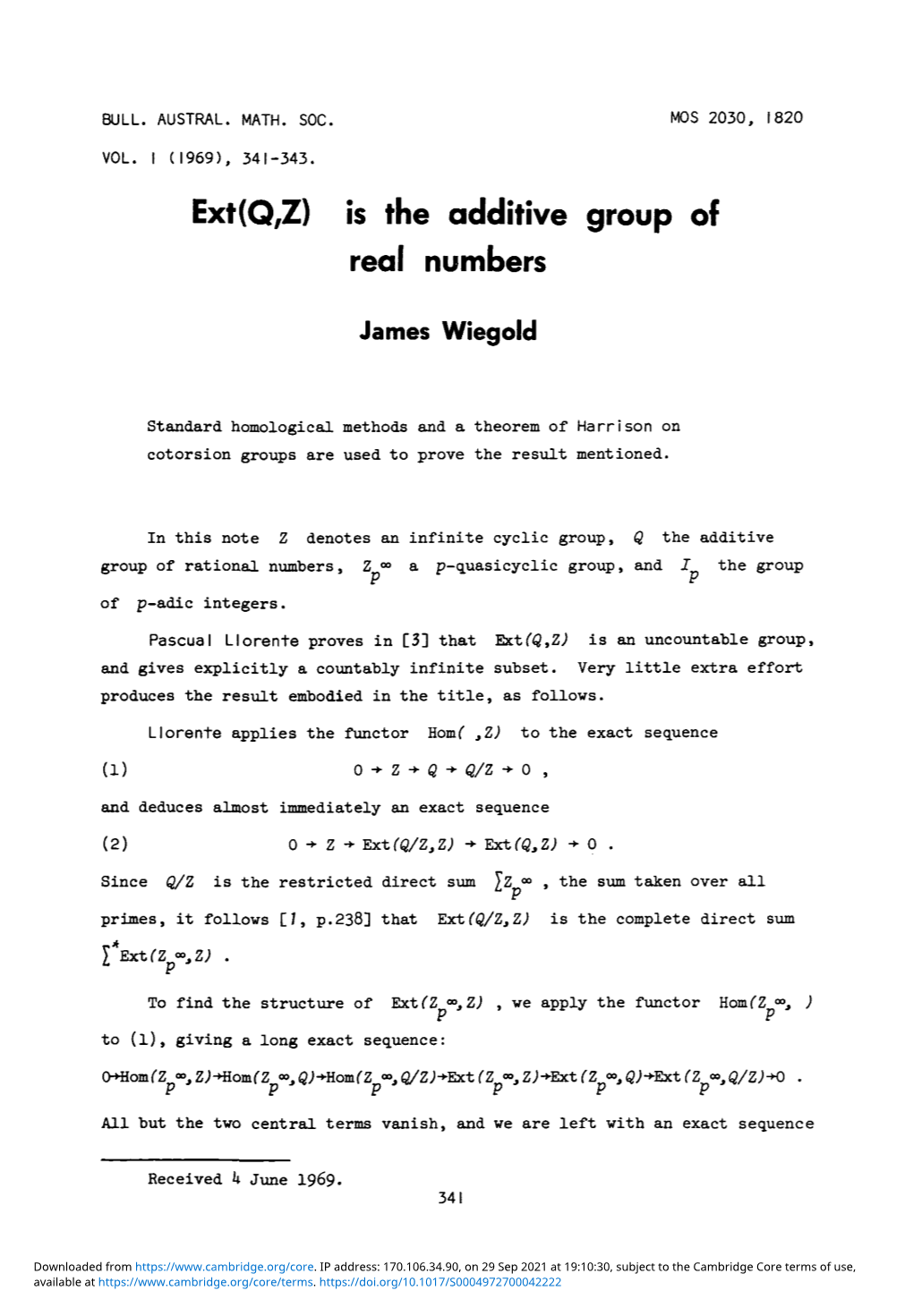 Ext(Q,Z) Is the Additive Group of Real Numbers