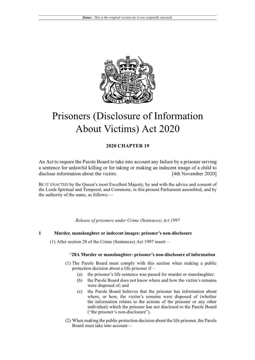 Prisoners (Disclosure of Information About Victims) Act 2020