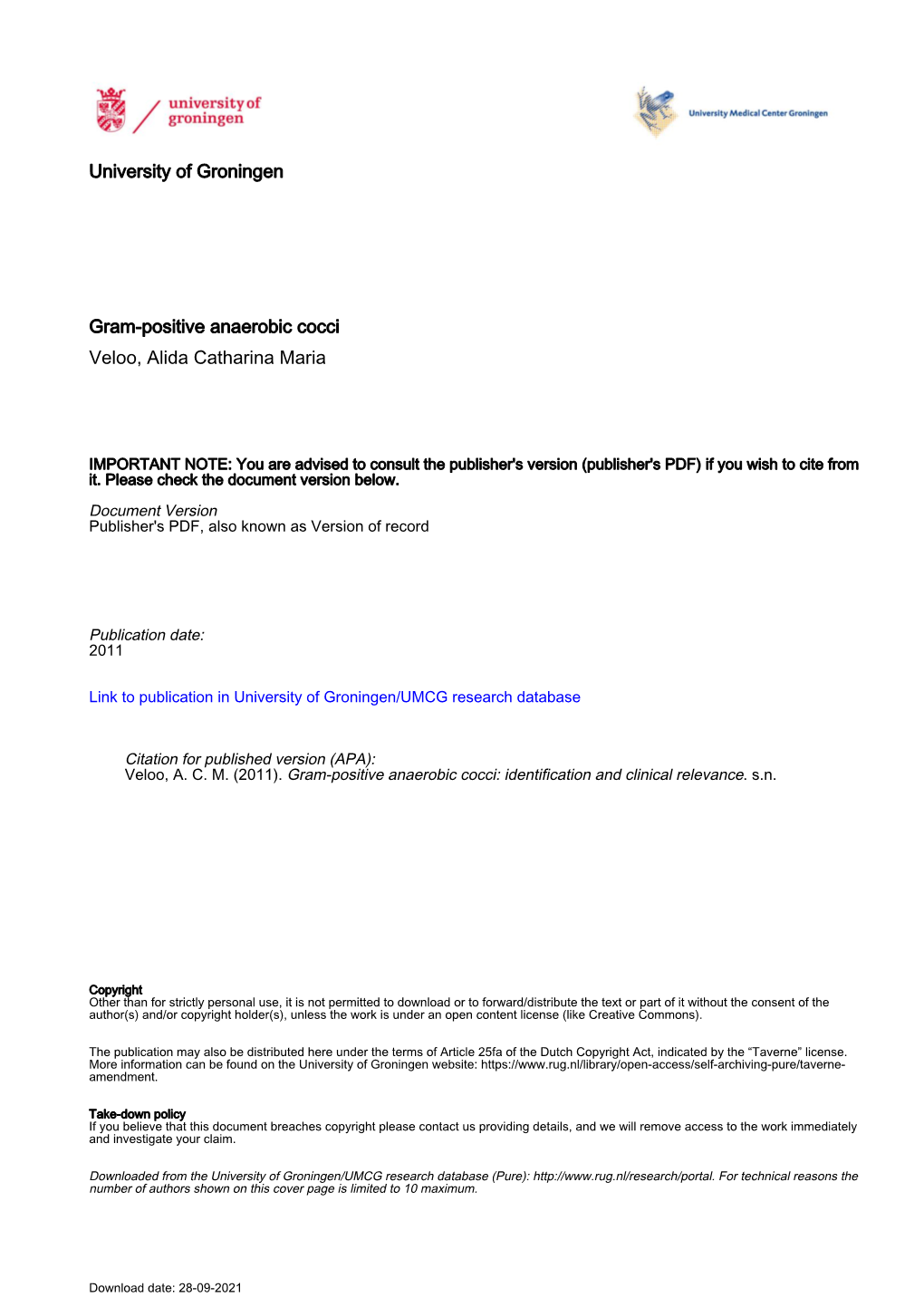 University of Groningen Gram-Positive Anaerobic Cocci