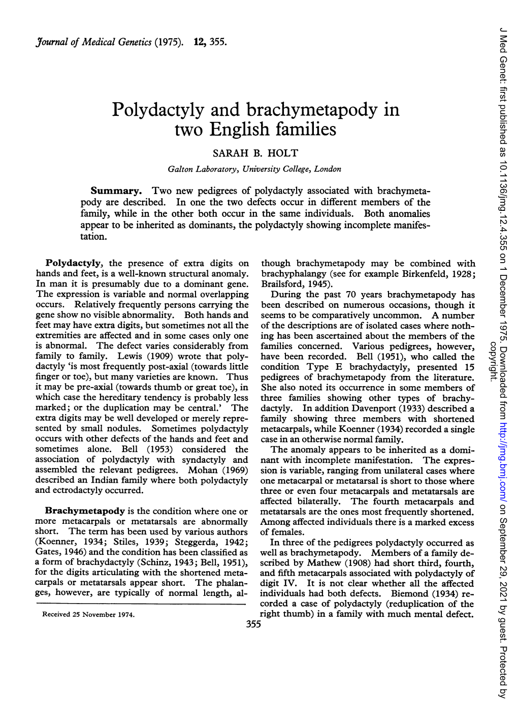 Polydactyly and Brachymetapody in Two English Families SARAH B