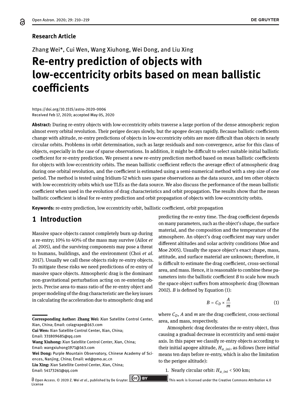 Re-Entry Prediction of Objects with Low-Eccentricity Orbits Based on Mean Ballistic Coeflcients