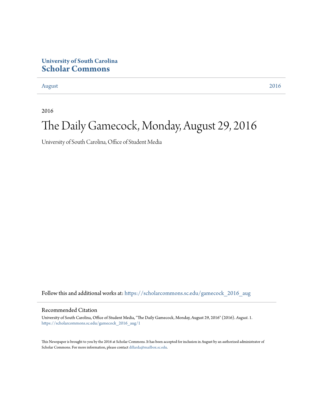 The Daily Gamecock, Monday, August 29, 2016