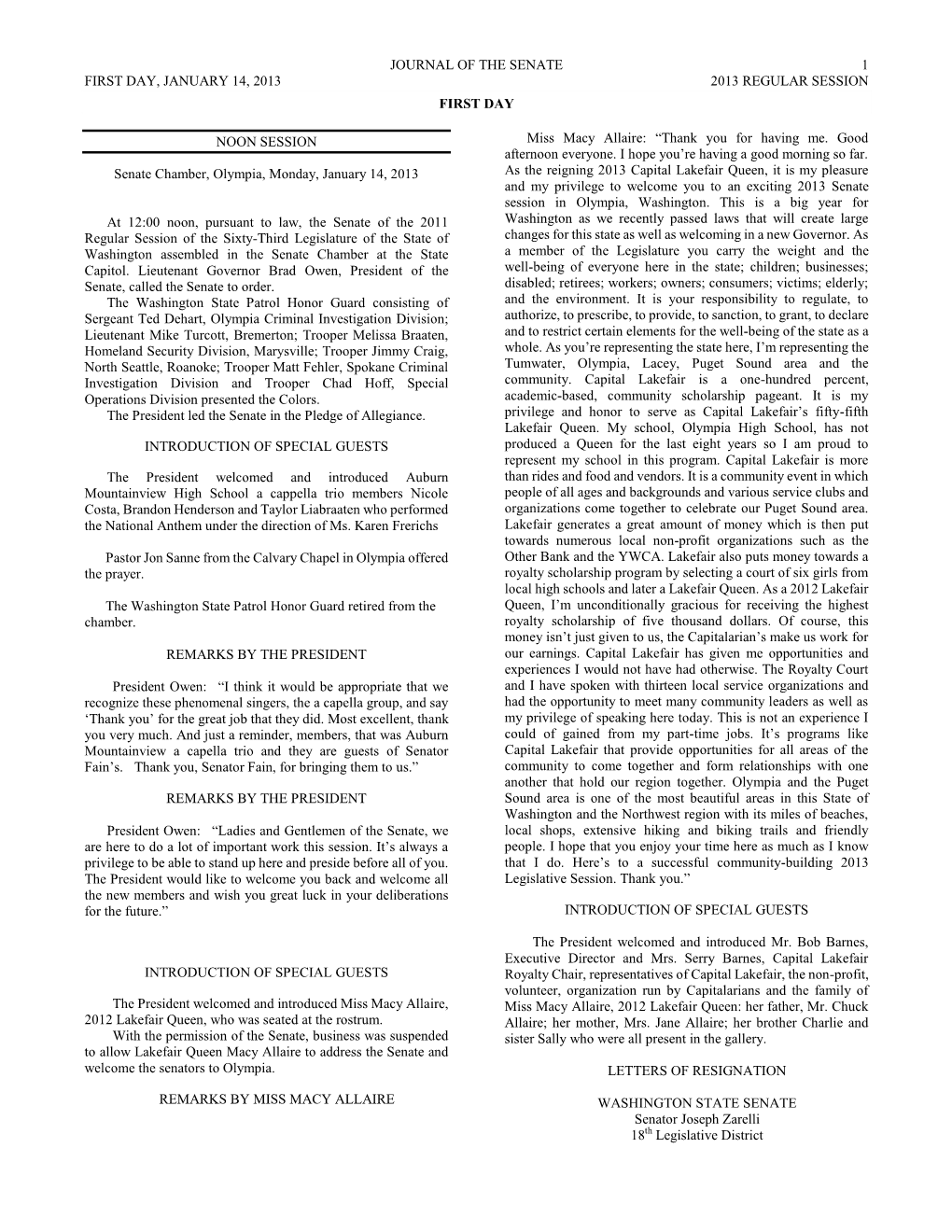 Journal of the Senate 1 First Day, January 14, 2013 2013 Regular Session First Day